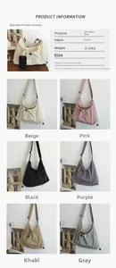 Detailed size chart and multi-color nylon shoulder bags featuring a drawstring design