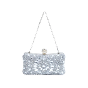 Silver luxury evening bag with crystal rhinestones, pearl clasp and metal chain strap