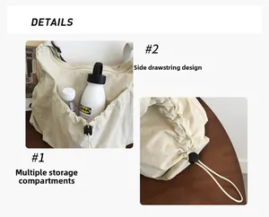 Detail of cream tote bag featuring side drawstring adjustment and external bottle pocket