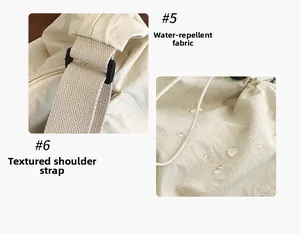 Detail of off-white waterproof fabric and adjustable textured strap on shoulder tote bag
