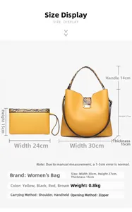 Size guide for yellow faux leather tote and pouch set with snake pattern details