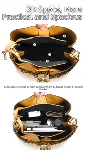 Detail view of the yellow snake print handbag interior capacity and compartments