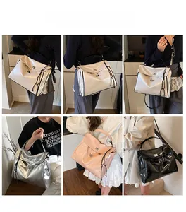 Detailed views of high-gloss shoulder bag in four colors showing large capacity and lock