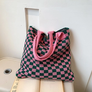 Sac Fourre-Tout En Tricot À Damier Grande Capacité Sac À Main Tissé Sac À Épaule Décontracté Sac De Courses Femmes