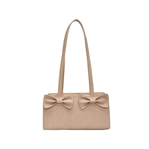Beige rectangular shoulder bag featuring elegant double bows for women, minimalist style