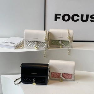 Women Crossbody Shoulder Bag PU Leather Woven Panel Metal Chain Strap Golden Ball Flap Square Handbag Daily Commuting