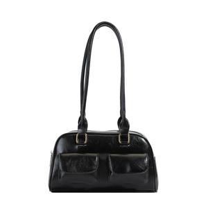 Minimalist black glossy shoulder bag with double front pockets and gold hardware