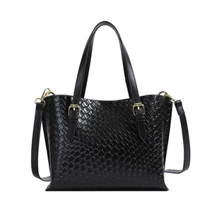 Fashionable black woven leather tote bag with gold hardware and adjustable strap for women