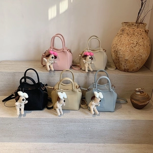 Cute Mini Handbag PU Leather Lychee Pattern Crossbody Shoulder Bag With Plush Dog Charm Women Fashion Minimalist