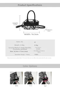 Detailed size chart for snake pattern mini bag with PU leather specs and dimensions