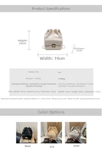 Detail view of 19x23x12cm PU leather bucket bag showing dimensions and color options