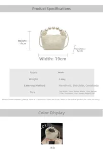 Detailed size specifications for the handmade pearl beaded handbag in off-white