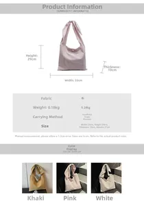 Detailed size chart for plaid tote bag showing dimensions 33x29x10cm and material specs