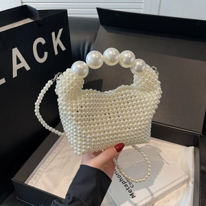 Elegant Handmade Faux Artificial Pearl Woven Shoulder Bag Large Bead Handle Evening Crossbody Handbag For Women Fashion Style