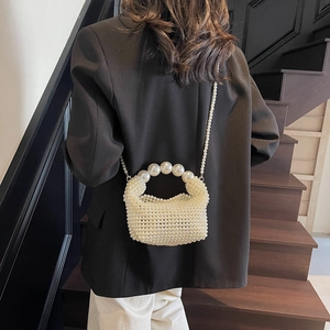 Handmade white pearl beaded handbag with large pearl handle and long chain strap