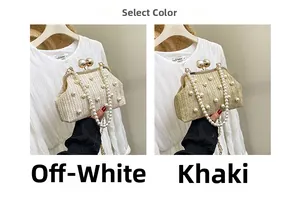 Detail view of woven straw handbags with pearl straps in cream and khaki colors