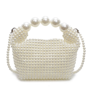 Handmade woven pearl handbag with large bead handle and long strap in creamy white