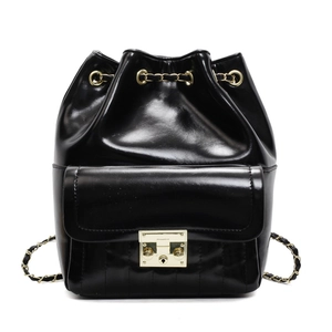 Retro black glossy leather backpack with gold chain drawstring and quilted detail