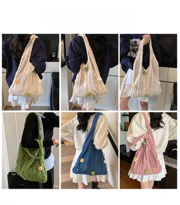 Detail shots of crochet shoulder bag with colorful 3D floral patterns in multiple colors