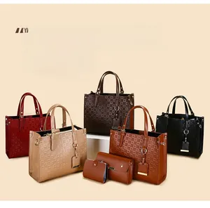 Quilted tote bag set in five colors featuring gold ring charm and matching pouches