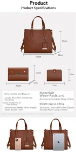 Detailed dimension guide for brown embossed tote bag set with size comparison to devices