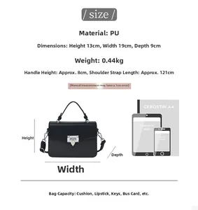 Size chart showing PU leather bag dimensions 19x13x9cm and everyday items capacity