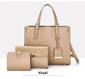 Three-piece khaki tote bag set featuring diamond pattern embossing and detachable strap