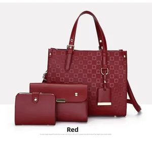 Three-piece set of wine red tote bag, clutch, and wallet with embossed texture