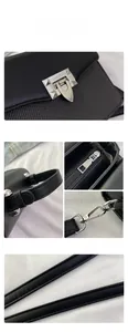 Detailed close-up of black leather handbag with carbon fiber texture and silver hardware
