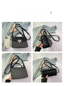 Detailed views of the black and gray textured leather crossbody bag from four angles