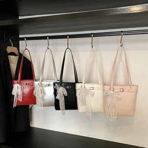 Women PU Leather Bucket Bag Large Capacity Tote Handbag With Lace Bow Artificial Pearl Charm Simple Elegant Shoulder Bag Daily