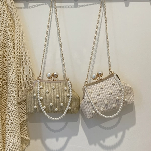 Artificial Pearl Woven Straw Evening Bag With Chain Strap And Faux Artificial Pearl Handle For Women Elegant Summer Beach Party Handbag