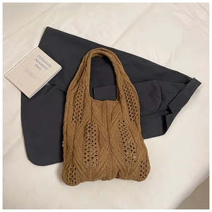 Detailed macro shot of camel hollow knit handbag texture and woven geometric patterns