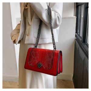 Vue détaillée du sac à bandoulière rouge avec motif serpent et chaîne métallique