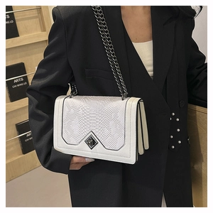 Gros plan du sac bandoulière blanc motif serpent avec fermoir rotatif et bandoulière chaîne