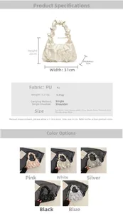 Detailed size chart for minimalist pleated bow hobo bag in PU leather and five colors