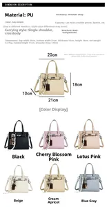 Detailed size specifications and multi-color options for the stylish PU leather handbag