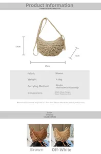 Detail of woven straw bag showing dimensions 25x18x6cm and crescent shape design