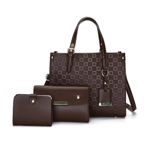 Three-piece dark brown quilted tote bag set including handbag, crossbody pouch and wallet