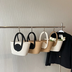 Women Woven Handbag Cotton Rope Tote Bag Spiral Decor Contrast Color Top Handle Summer Beach Vacation Casual Fashion