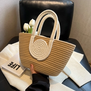 Woven khaki and white shoulder bag with handle for casual shopping and summer style