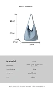 Size chart showing large canvas tote bag dimensions with detailed height and width specs