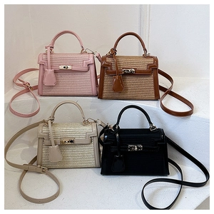 Detailed collection of textured woven crossbody bags in pink, brown, white, and black colors