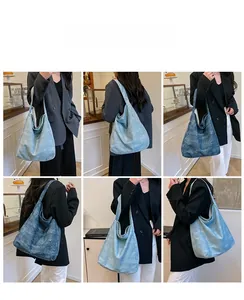 Multiple views of a large vintage-style denim tote bag worn on the shoulder by a model