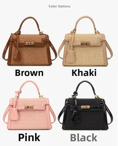 Detailed view of woven Kelly bags in brown, khaki, pink, and black with turn-lock