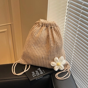 Beige hollow crochet backpack with 3D daisy flower and drawstring rope straps