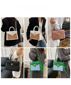 Detail shots showing multi-color crocodile texture handbags with wavy stitching and buckles