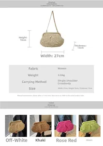 Vue détaillée du sac pochette tressé avec chaîne en métal et tableau des dimensions
