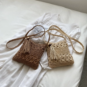Handgewebte Stroh Umhängetasche Häkel Quaste Holzperle Sommer Strand Urlaub Schultertasche Damen