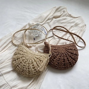 Straw Woven Half Moon Crossbody Bag Hollow Out Beach Shoulder Purse With Tassel Zipper Vacation Casual Summer Style For Women